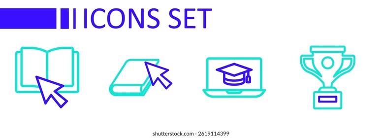 Set line Award cup, Graduation cap on laptop, Online book and  icon. Vector