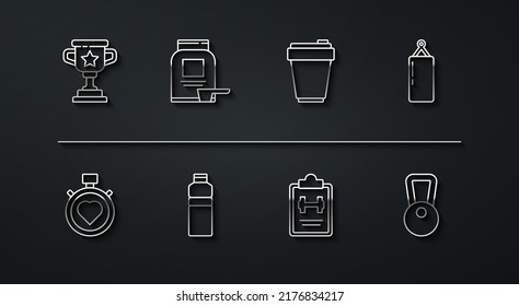 Set line Award cup, Heart in the center stopwatch, Punching bag, Sport training program, Fitness shaker, Sports nutrition, Kettlebell and  icon. Vector