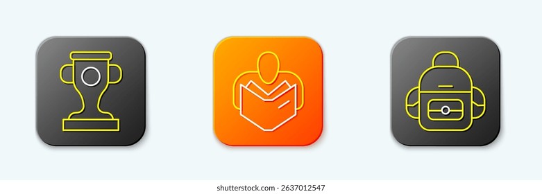 Set line Award cup, Man reading book and School backpack icon. Vector