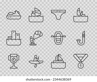 Set line Award cup, Medal, Swimming trunks, Kayak and paddle, Jet ski, Kitesurfing, Yacht sailboat and Snorkel icon. Vector