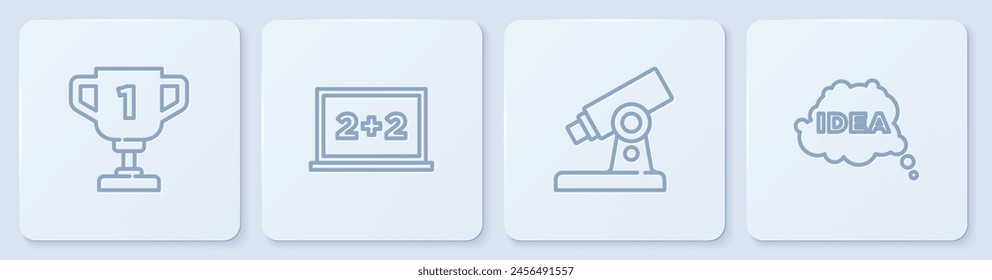 Set line Award cup, Microscope, Chalkboard and Idea, speech bubble. White square button. Vector