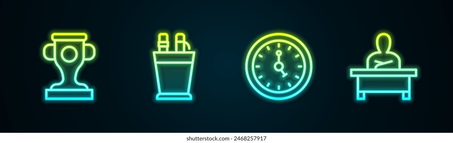 Set line Award cup, Pencil case stationery, Clock and Schoolboy sitting desk. Glowing neon icon. Vector