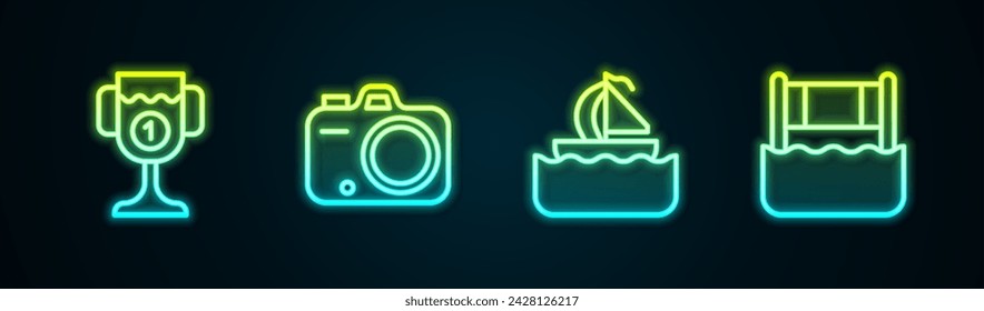 Set line Award cup, Photo camera, Yacht sailboat and Water volleyball net. Glowing neon icon. Vector