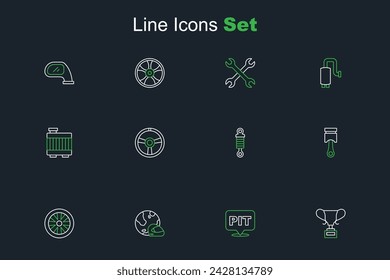Set line Award cup, Pit stop, Racing helmet, Stopwatch, Engine piston, Shock absorber, steering wheel and Car radiator cooling system icon. Vector