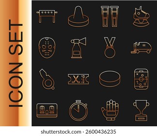 Set line Award cup, Planning strategy, Ice resurfacer, Crutch or crutches, Air horn, Hockey mask, table and Medal icon. Vector