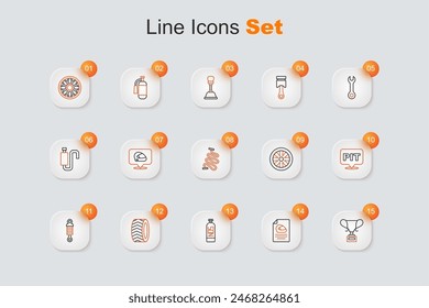 Set line Award cup, Racing helmet, Nitrous oxide, Car tire wheel, Shock absorber, Pit stop, Stopwatch and track icon. Vector