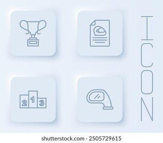 Set line Award cup, Racing helmet, over sports winner podium and Car mirror. White square button. Vector
