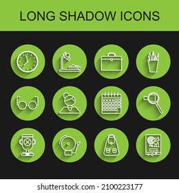 Set line Award cup, Ringing alarm bell, Clock, School backpack, Board with graph chart, Teacher, Magnifying glass and Calendar icon. Vector