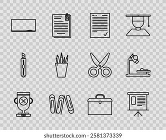 Set line Award cup, schedule, chart, diagram, infographic, pie graph, Exam sheet check mark, Paper clip, Chalkboard, Pencil case stationery, Briefcase and Microscope icon. Vector