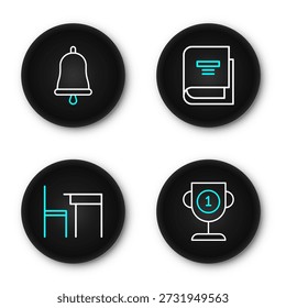 Set Linie Award Tasse, Schultisch und Stuhl, Buch und Ringing Glocke Symbol. Vektorgrafik