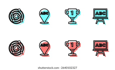 Set line Award cup, Solar system, Alphabet and Chalkboard icon. Vector