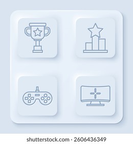 Set line Award cup, Star, Gamepad and Computer monitor. White square button. Vector