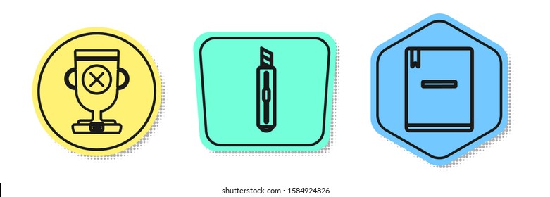 Set line Award cup, Stationery knife and Notebook. Colored shapes. Vector