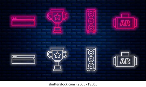 Set line Award cup, Stereo speaker, Video game console and Ar, augmented reality. Glowing neon icon on brick wall. Vector