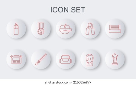Fijar la copa de premio, Stopwatch, Apple y cinta de medida, Paws de entrenamiento de boxeo, Bolsa de punzonado, Medal, katana japonesa e ícono de deporte. Vector