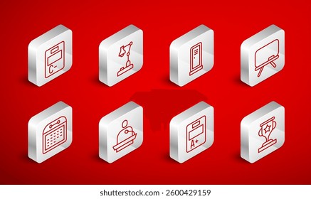 Set line Award cup, Table lamp, Locker or changing room, Chalkboard, Exam sheet with plus grade, paper incorrect answers, Gives lecture and Calendar icon. Vector