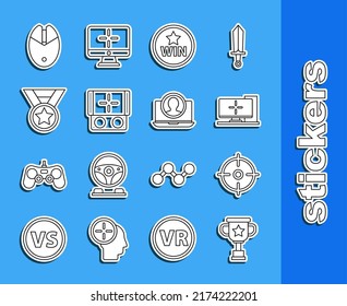 Set line Award cup, Target sport, Computer monitor, Medal, Portable video game console, mouse gaming and Create account screen icon. Vector