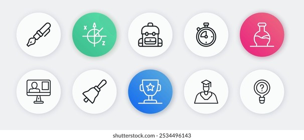 Set line Award cup, Test tube, Online class, Graduate and graduation cap, Stopwatch, School backpack, Unknown search and Ringing bell icon. Vector