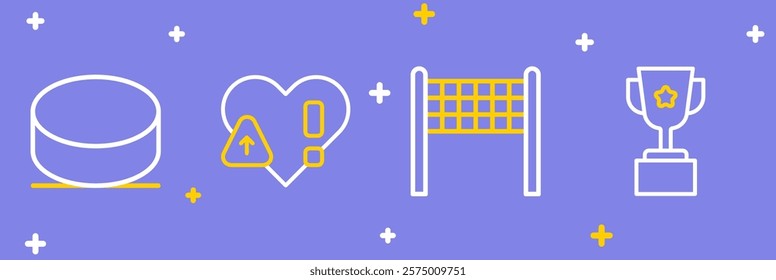 Set line Award cup, Volleyball net, Heart rate and Hockey puck icon. Vector