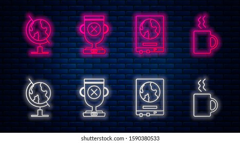 Set line Award cup, World map on a school blackboard, Earth globe and Coffee cup. Glowing neon icon on brick wall. Vector