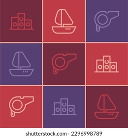 Set line Award over sports winner podium, Whistle and Yacht sailboat icon. Vector