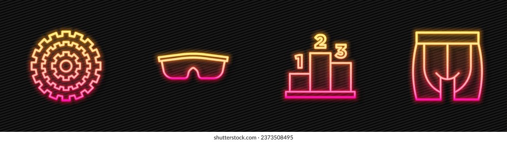 Set line Award over sports winner podium, Bicycle cassette, Sport cycling sunglasses and Cycling shorts. Glowing neon icon. Vector