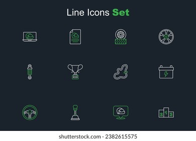 Set line Award over sports winner podium, Racing helmet, Gear shifter, steering wheel, Car battery, Timing belt kit, cup and Shock absorber icon. Vector
