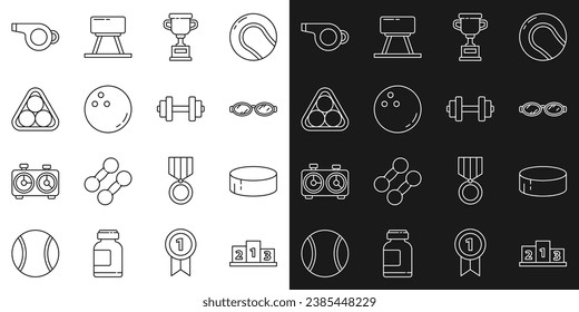 Set line Award over sports winner podium, Hockey puck, Glasses for swimming, cup, Bowling ball, Billiard balls rack triangle, Whistle and Dumbbell icon. Vector