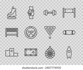 Set line Award over sports winner podium, Surfboard, Dumbbell, Billiard table, Skates, Steering wheel, Classic dart and Skateboard trick icon. Vector