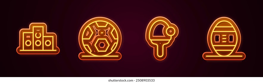 Set line Award over sports winner podium, Soccer football ball, Racket and American Football. Glowing neon icon. Vector