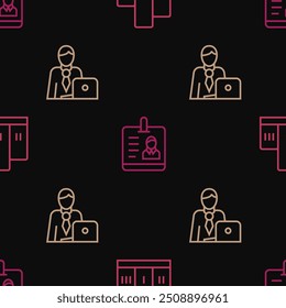 Set line Award over winner podium, Businessman and Identification badge on seamless pattern. Vector