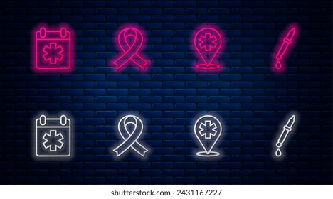 Set line Awareness ribbon, Location hospital, Doctor appointment and Pipette. Glowing neon icon on brick wall. Vector