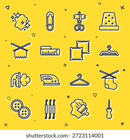 Set Linie Awl Tool, Stricknadeln, Kleiderschrank, Schere, Maßband, Leder und Textil Stoff Rolle Symbol. Vektorgrafik