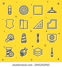 Set line Awl tool, Location tailor shop, Sewing Pattern, Leather, Textile fabric roll, Safety pin and Triangular ruler icon. Vector