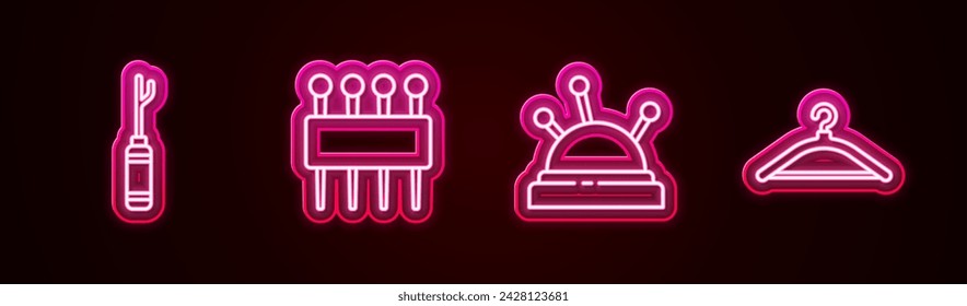 Set line Herramienta de pared, Aguja para coser, cama y agujas y colgador de armario. Icono de neón brillante. Vector