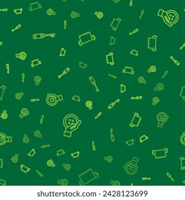 Set line Awl tool, Sewing button and Textile fabric roll on seamless pattern. Vector