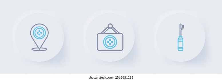 Set line Awl tool, Tailor shop and Location tailor icon. Vector