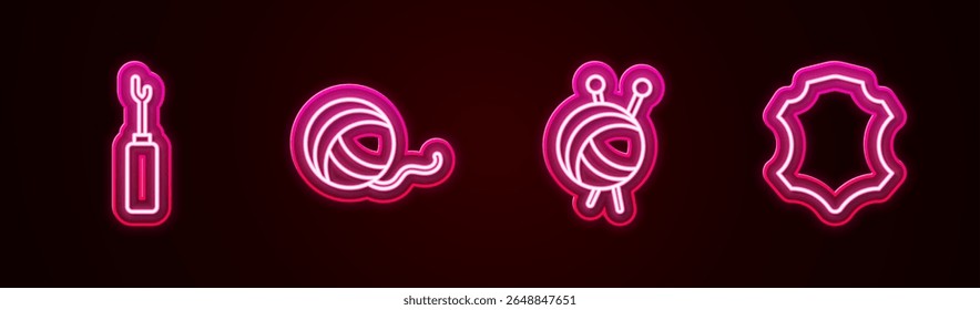 Set line Awl tool, Yarn ball, with knitting needles and Leather. Glowing neon icon. Vector