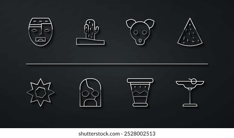 Set line Aztec mask, Sun, Nachos, Mexican drum, wrestler, Cactus, Margarita cocktail and Dog icon. Vector