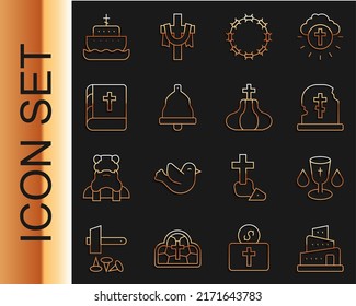 Set line Babel tower bible story, Christian chalice, Grave with tombstone, Crown of thorns, Church bell, Holy book, Ark noah and  icon. Vector