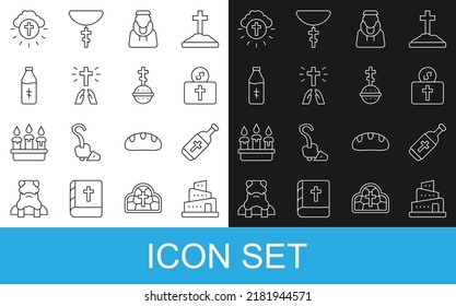 Set line Babel tower bible story, Holy water bottle, Donation for church, Monk, Hands in praying position, Religious cross circle and Christian icon. Vector