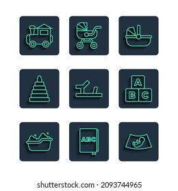 Set line Baby bathtub, ABC book, Ultrasound of baby, stroller, shoes, Pyramid toy, Toy train and blocks icon. Vector