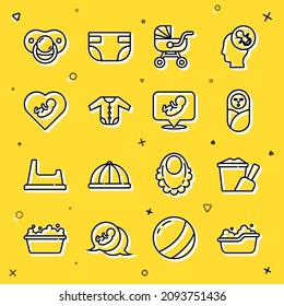 Set line Baby bathtub, Sand in bucket with shovel, Newborn baby infant swaddled, stroller, clothes, inside heart, dummy pacifier and  icon. Vector