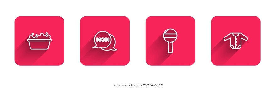 Set line Baby bathtub, Speech bubble mom, Rattle baby toy and clothes with long shadow. Red square button. Vector