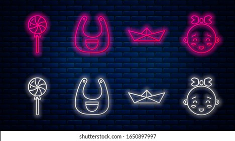 Set line Baby bib, Folded paper boat, Lollipop and Happy little girl head. Glowing neon icon on brick wall. Vector