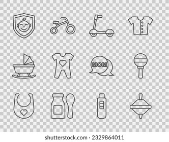 Set line Baby bib, Whirligig toy, Roller scooter, Yogurt in bottle with spoon, shield, clothes, Pregnancy test and Rattle baby icon. Vector