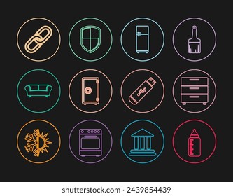 Set line Baby bottle, Furniture nightstand, Refrigerator, Safe, Sofa, Chain link, USB flash drive and Shield icon. Vector