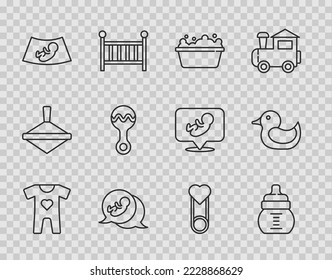 Set line Baby clothes, bottle, bathtub, Ultrasound of baby, Rattle toy, pin and Rubber duck icon. Vector