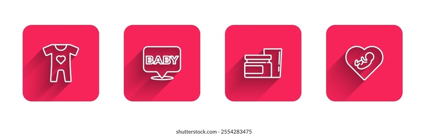 Set line Baby clothes, , food and inside heart with long shadow. Red square button. Vector