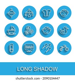Set line Baby clothes pin, Speech bubble dad, Whirligig toy, Sperm, Bicycle for kids, ABC blocks, Rubber duck and Little boy head icon. Vector